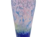 a glass vase with a blue and pink design on it