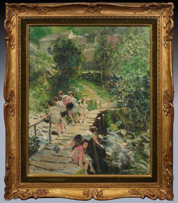 an oil painting of a group of people walking down a path