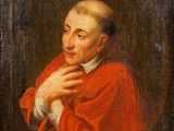 a painting of a man in a red coat with his hands on his chest