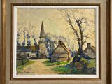 une peinture à l'huile représentant un village avec une église à l'arrière-plan
