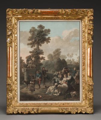 a painting of a group of people in a park with a horse drawn carriage