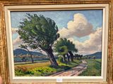 une peinture représentant une route de campagne avec un arbre au milieu