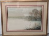 aquarelle encadrée représentant un paysage fluvial avec des arbres au loin