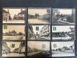 several old black and white photographs of a street and buildings