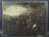 une peinture à l'huile représentant un groupe d'hommes à cheval dans un champ
