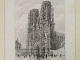 an old drawing of a cathedral with a clock tower in the background