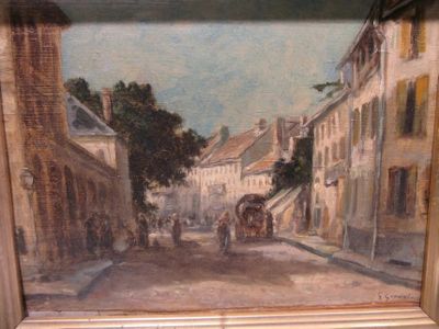a painting of a horse drawn carriage on a city street