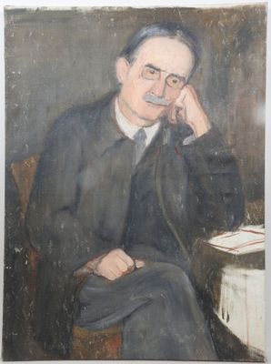 painting of a man sitting in a chair with his hand on his chin