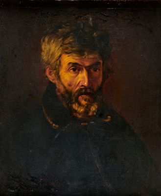 un tableau représentant un homme barbu vêtu d'un manteau noir