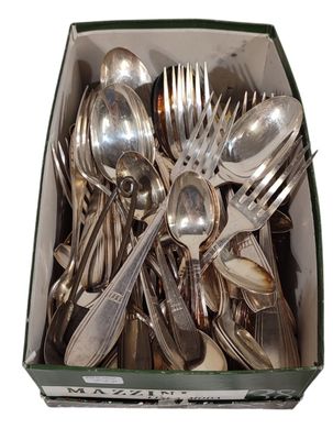 a box full of silver spoons and forks in it