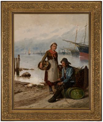 an image of a painting of a man and a woman by the water