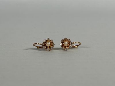 a close up of a pair of gold earrings on a white surface
