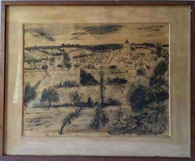 painting of a view of a town in a wooden frame on a wall
