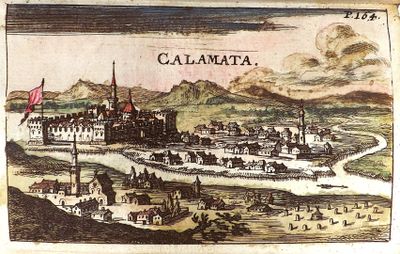 an old drawing of a town with a river and mountains in the background