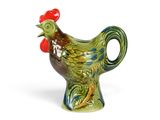 a green and red rooster shaped vase on a white background