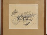 drawing of a bridge over a body of water with a building in the background