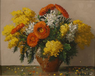 une peinture de fleurs dans un vase sur une table