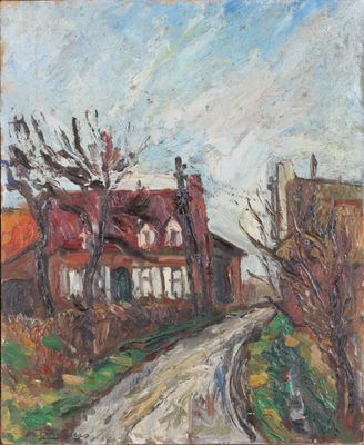 an oil painting of a house and a road in a rural area