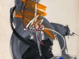 an image of a painting on a piece of paper with black, orange, and blue paint
