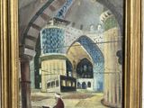 an oil painting of a man sitting in a mosque with a cat