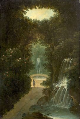 une image représentant une peinture d'une cascade dans un environnement boisé