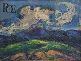 une peinture à l'huile représentant un champ vert avec des nuages dans le ciel