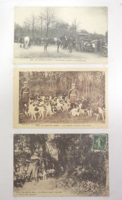 trois vieilles photos en noir et blanc représentant des chevaux et des personnes dans les bois