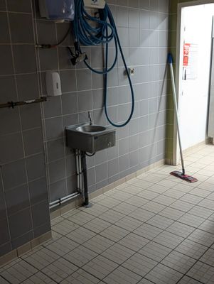 une salle de bains avec des toilettes, un lavabo et une serpillière posée par terre