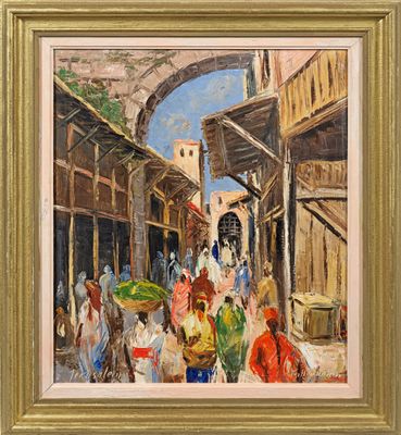 une peinture à l'huile représentant une scène de rue où des gens se promènent