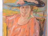 tableau représentant une femme coiffée d'un chapeau, assise sur une chaise