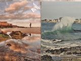deux photos de personnes sur la plage, dont l'une tient une planche de surf
