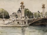 painting of a painting of a bridge over a river with a building in the background