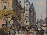 une peinture à l'huile d'une scène de rue avec des gens et des bâtiments