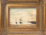 a painting of two ships in a body of water with a sky background