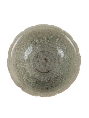 bowl on a white surface with a circular design on the surface