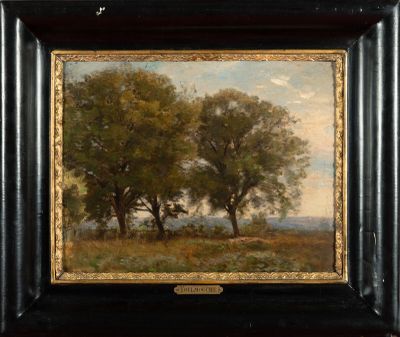 an oil painting of two trees in a field with a sky in the background