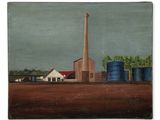 an oil painting of a factory on a farm with a silo in the foreground