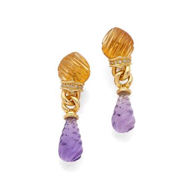 a pair of amethorate and diamond earrings
