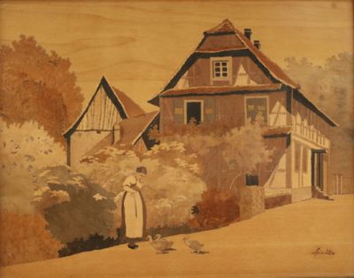 a painting of a woman standing in front of a house