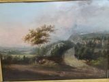 painting of a landscape with a road and a tree in the foreground