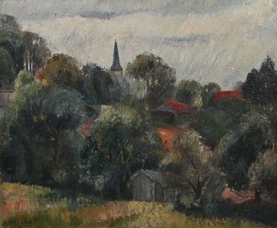 a painting of a landscape with a church in the distance