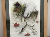 tableau représentant un ours polaire dans l'eau, avec des feuilles rouges et un papillon