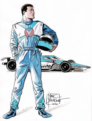 an illustration of a man in a racing suit standing next to a race car