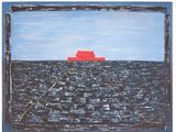 a painting of a red building in the middle of a blue field