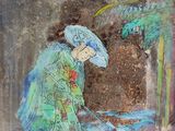an image of a painting of a woman in a green kimono