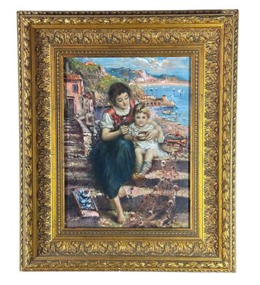 un tableau représentant une femme tenant un bébé dans ses bras sur une plage rocheuse