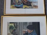 two framed paintings of a man and a woman sitting at a table