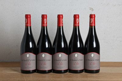 six bottles of red wine are lined up on a wooden table