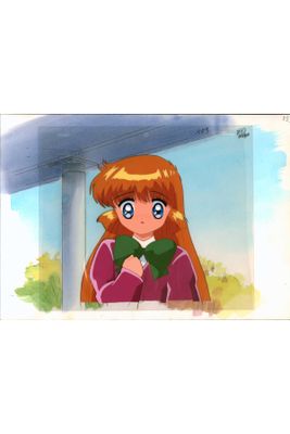 cartoon girl with red hair and blue eyes holding a green book