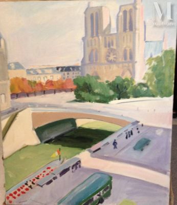 une peinture représentant une peinture d'un bus passant sous un pont